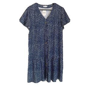 Locryz Women Blue White Dot  Short Sleeve Dress Size L New